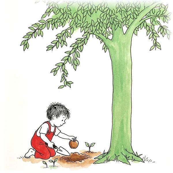 The boy planting an apple beside the tree