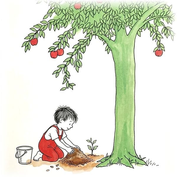 The boy packing soil around the roots