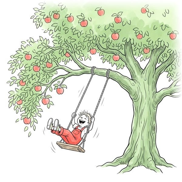 The boy laughing on a swing hung from a branch